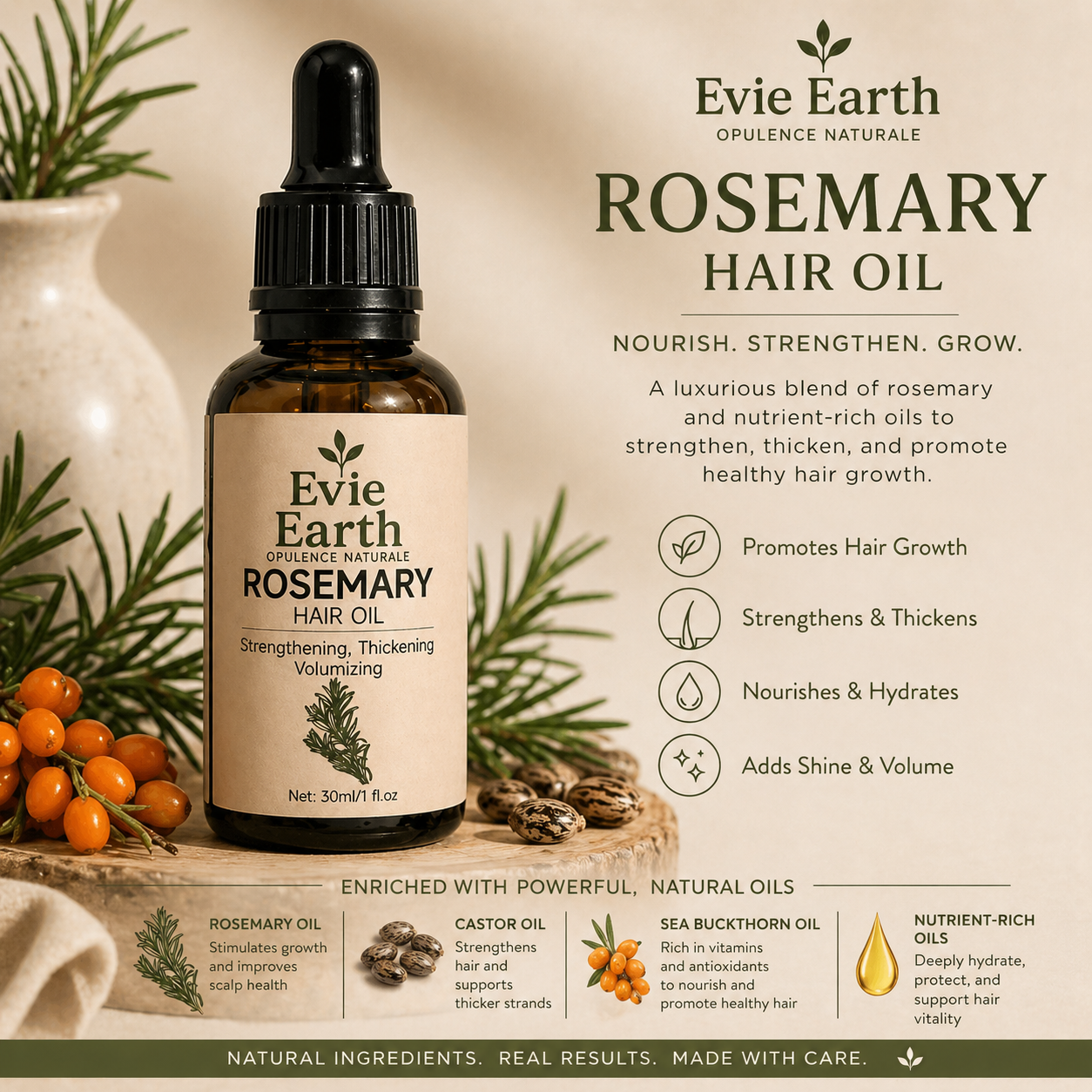 Evie Earth rosemary hair oil with castor and sea buckthorn oil for strength and nourishment
